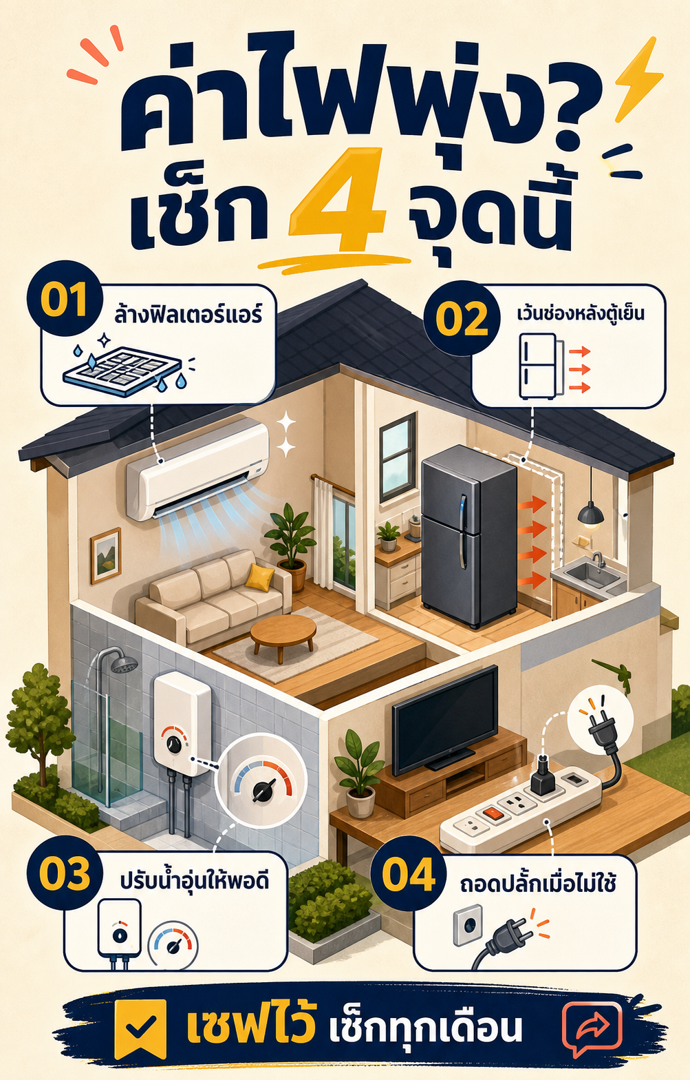 ตัวอย่างอินโฟกราฟิกแนะนำ 4 จุดประหยัดค่าไฟภายในบ้าน